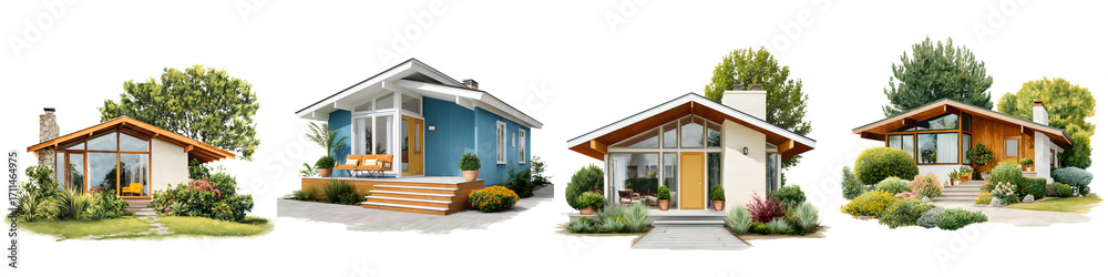 Obraz premium Collection of four colorful mid-century modern homes with various architectural designs, surrounded by lush green landscaping on an isolated white