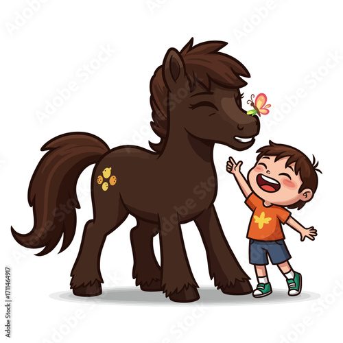 A joyful child with an open mouth laughs as a small butterfly lands on the nose of a friendly brown pony in a charming illustration.