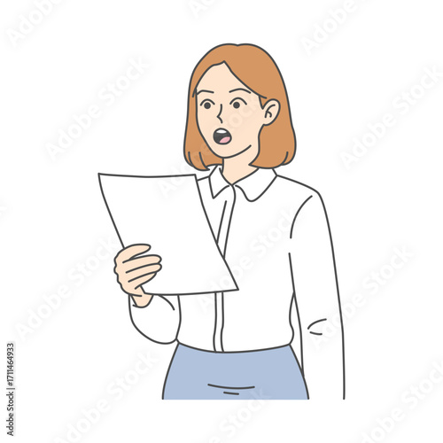 Illustration of a woman holding and reading a paper, appearing surprised