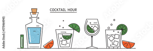 Cocktail Hour Refreshing Beverage Illustrations with Lime and Orange Decorations