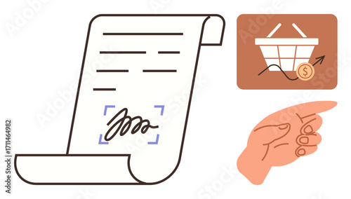 Scroll with signature, hand pointing, shopping basket with coin and arrow, growth visual. Ideal for finance, contracts, online shopping, business deals, agreement investment simplified processes