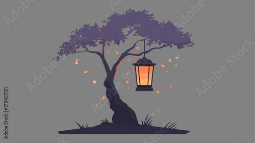 Tree with hanging lantern at dusk