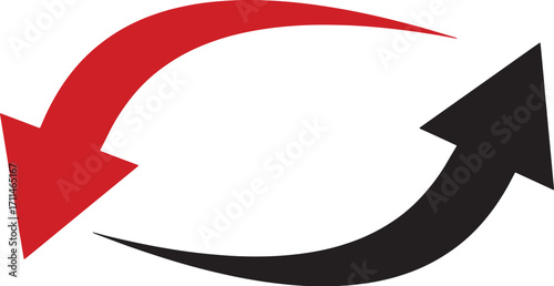 arrow, cycle, circular, refresh, repeat, loop, exchange, transfer, rotation, direction, movement, symbol, icon, graphic, design, red, black, white background, next, back, forward, rewind, undo, redo, 