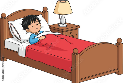Peaceful child sleeping in cozy bedroom, red blanket, wooden bed, nightstand with lamp, serene indoor scene, bedtime routine, restful sleep concept