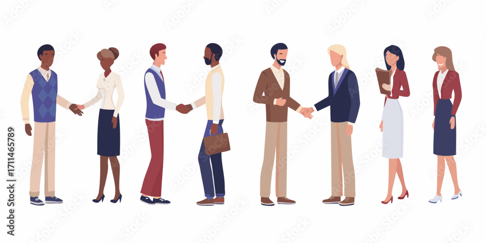 Fototapeta premium Diverse group of business professionals shaking hands and standing together in a line
