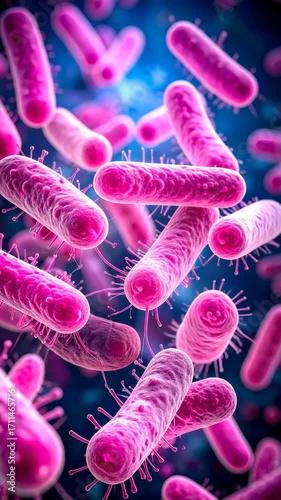 Pink rod shaped bacteria with flagella floating in a blue liquid with glowing center illustration for scientific purposes