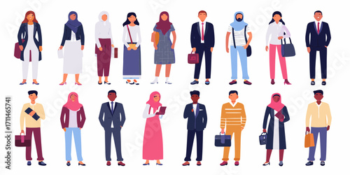 Diverse group of men and women in professional attire and hijabs standing together