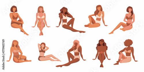 Diverse group of women in various poses wearing minimalist swimwear on a white background