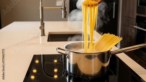 Spaghetti plunges into a steamy pot