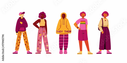 Diverse group of five individuals standing together showcasing their unique styles and identities