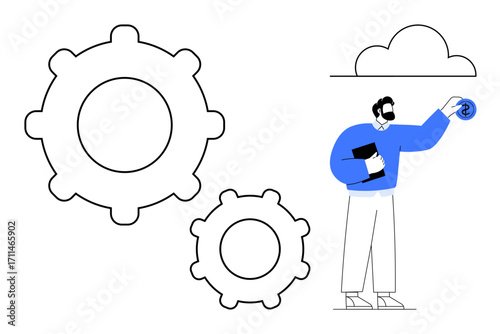 Man interacts with cloud, holding file and placing data, accompanied by large gears. Ideal for technology, cloud computing, process automation, data sharing, innovation, digital solutions system