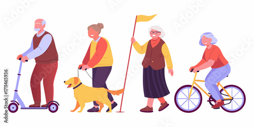 Active senior citizens enjoying outdoor activities with a dog and a bicycle