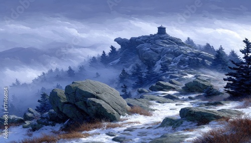 Snowy mountaintop vista with watchtower