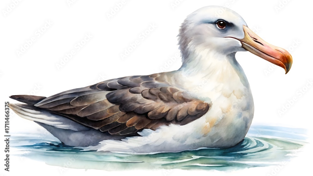 Fototapeta premium Watercolor painting of an albatross swimming in the ocean, isolated on white background