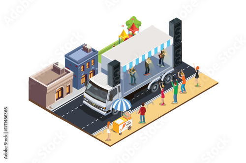 Carnival Music Festival Illustration Concept 3d Isometric View Party Elements, highway, trucks. Concert Background and Stage Landscape. Music Event vector illustration
