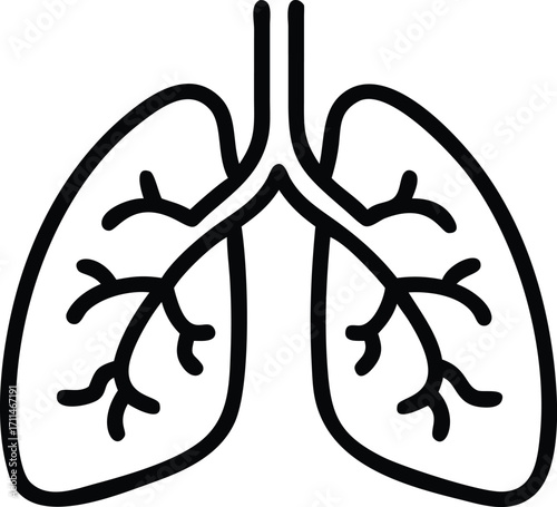 Simple line drawing of lungs in black and white, representing the anatomical structure in a clean design.