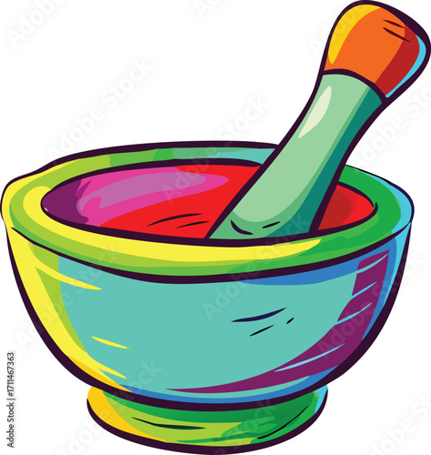 Colorful mortar and pestle with vibrant interior on white background kitchenware cooking