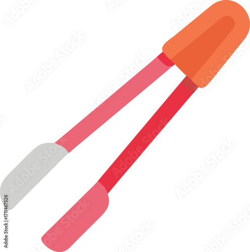 Flat icon of kitchen tongs with orange handle and grey tips on white background cooking tongs