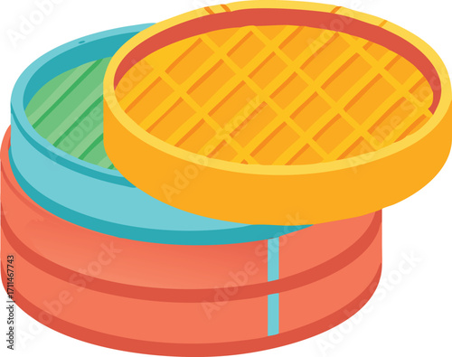 Flat vector icon of a bamboo steamer basket with lid food preparation cooking