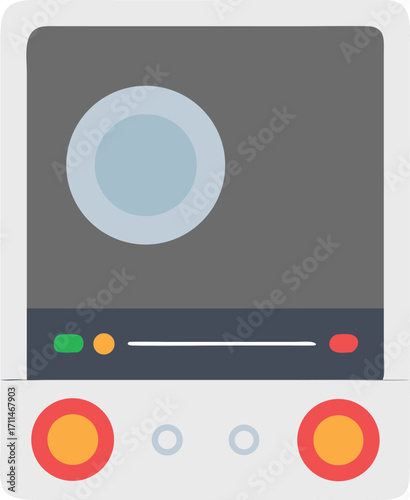Flat vector icon of a white induction cooktop with blue burner and red yellow knobs stove kitchen appliance