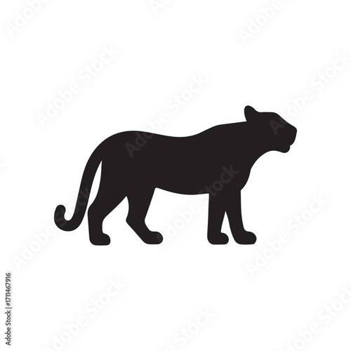 Black silhouette of a panther standing  isolated on white background