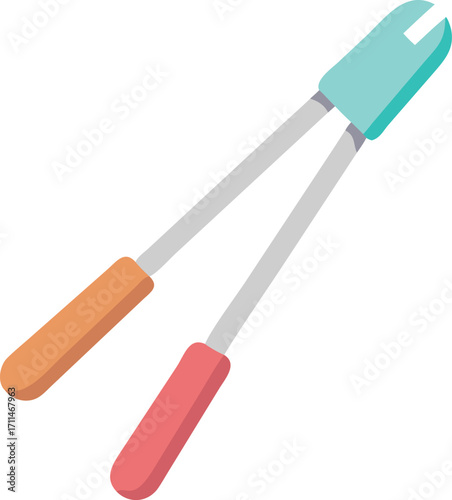 Flat vector icon of barbecue tongs with orange pink and teal handles grill tongs kitchen utensil