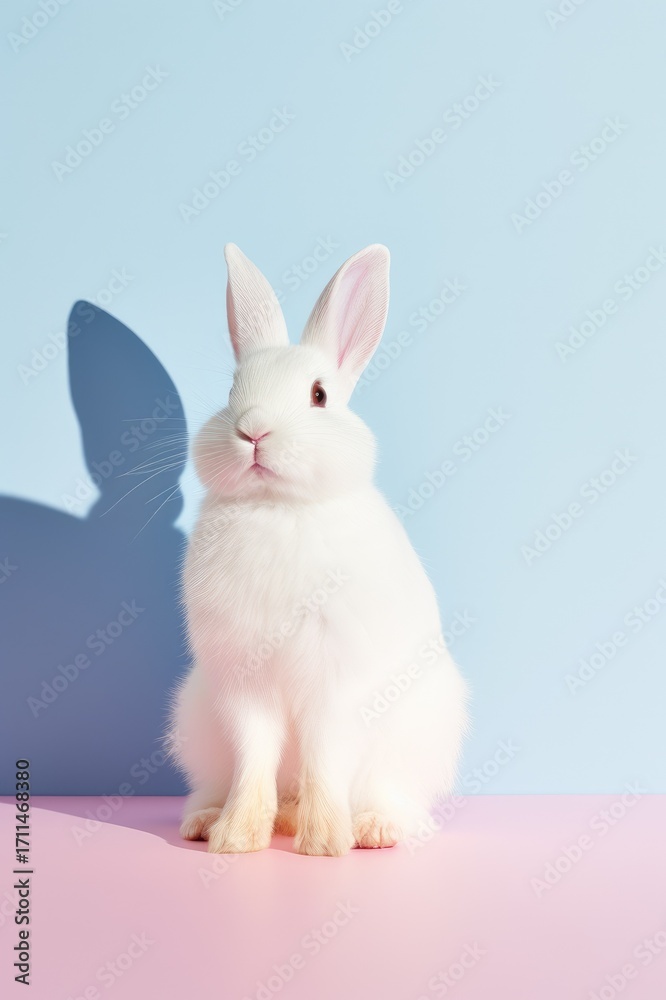 Fototapeta premium Adorable white rabbit against pastel background