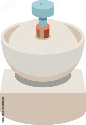 Flat vector illustration of a traditional stone mortar and pestle with a light blue knob kitchenware
