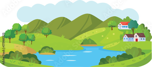 Cartoon landscape featuring a serene lake surrounded by lush green trees under a clear blue sky.