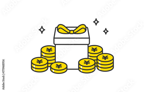 山積みの円マークコインと正面のプレゼントボックス【ベクターイラスト素材】