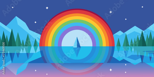 dreamlike rainbow forest reflected crystal lake vector illustration