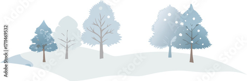 A serene winter landscape featuring snow-covered trees under a clear blue sky.