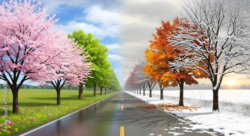 Four season landscape showing spring, summer, autumn, and winter trees along a road