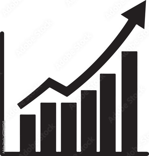 Black bar graph with upward trending arrow on white background chart bar chart