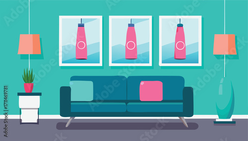 A cozy living room featuring a couch and two framed pictures on the wall.