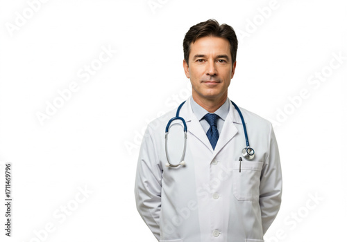 Portrait of a confident male doctor in a white coat and tie, with a stethoscope around his neck, against a white background.