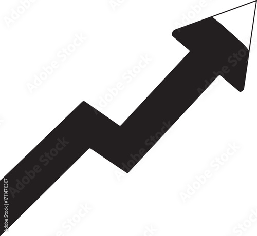 Black jagged arrow with white tip pointing upwards Keywords: arrow, up, upward, growth, increase, rising
