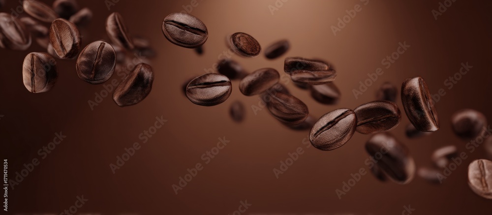 Obraz premium Roasted coffee beans falling and rotating against brown background, perfect for advertising coffee products