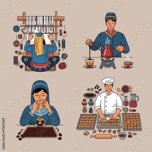 Central Asian cultural traditions: weaving, coffee preparation, and pastry making.