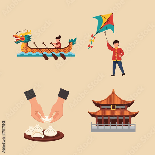 Chinese cultural icons: dragon boat, kite flying, dumpling making, temple architecture.
