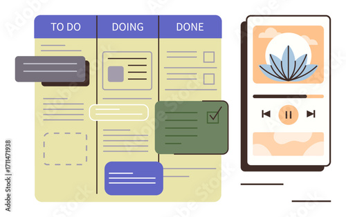 Task board with three columns, notes, checkboxes, and progress tracking alongside a mindfulness-inspired audio player. Ideal for productivity, organization, mindfulness, self-care, team planning