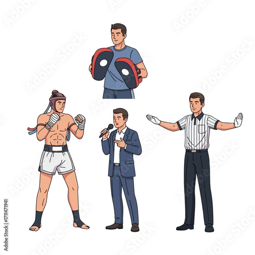Illustration of a Muay Thai fighter, coach holding pads, referee signaling, and announcer with a microphone.