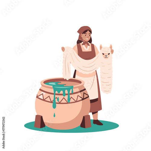 Andean woman carefully washes alpaca fleece in a large traditional pot, preserving ancient textile traditions.