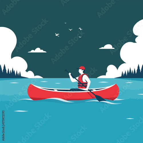 A lone kayaker paddles serenely across a calm lake, surrounded by tranquil scenery and fluffy clouds.