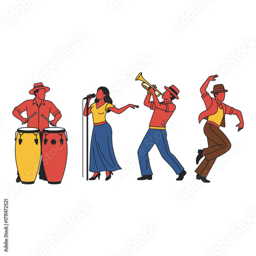 A vibrant illustration showcasing a Latin American musical ensemble: a percussionist, singer, trumpeter, and dancer.