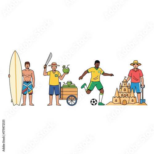 Beach activities: surfer, vendor, soccer player, and sandcastle builder enjoying a sunny day.