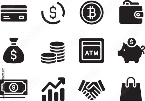 Money icons: credit, cash, coins, bitcoin, ATM, piggy bank