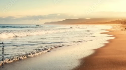 Wallpaper Mural Tranquil ocean waves gently meet the sandy shore during a golden sunrise, creating a serene and beautiful coastal landscape Torontodigital.ca