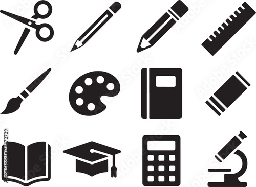Essential school supplies icons for learning and creativity