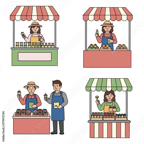 Cartoon illustrations of market vendors at their stalls, selling various food items.